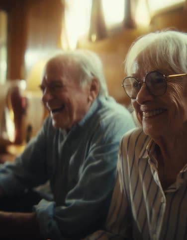 Close up of an elderly man and woman playing a video game with controllers while sitting together in a living room during daytime