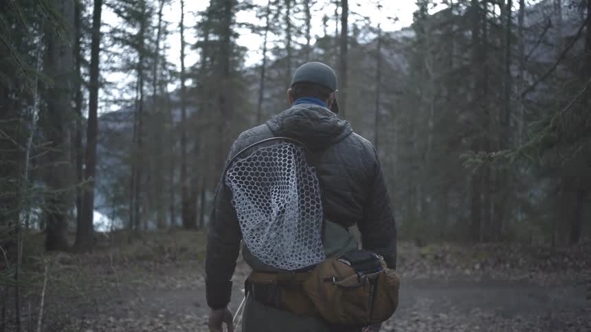 A man walks through a forest