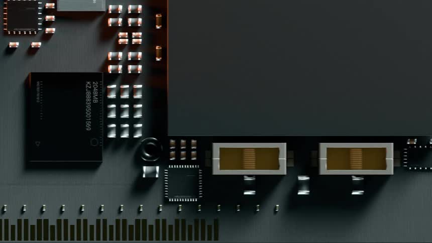 An animation showing electronic components forming on a circuit board