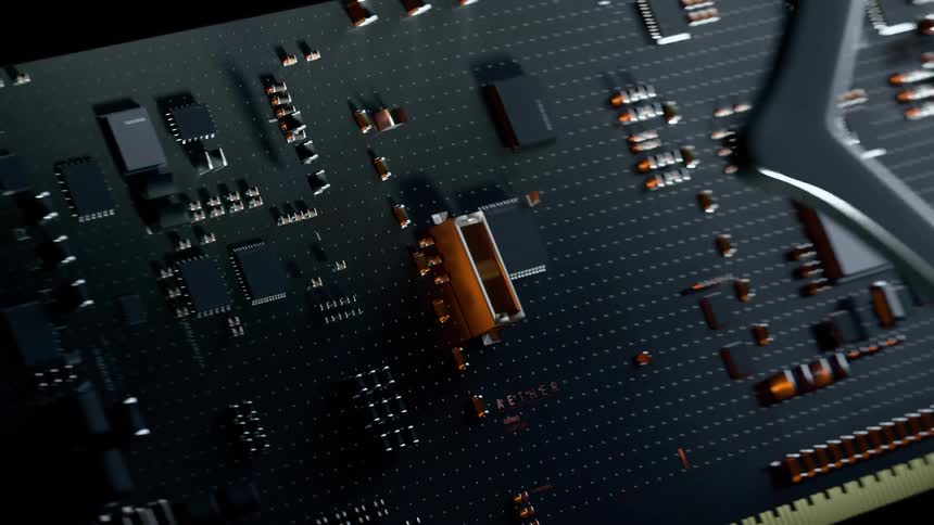 A close digital animation shows a gray metal heat sink slowly descending to dock over a goldcolored connector on a dark circuit board marked with small white text