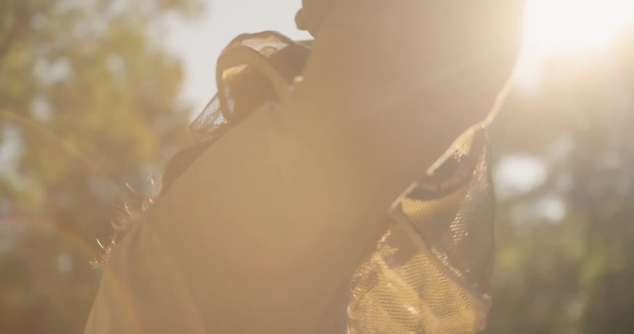 The man puts on a beekeeper mask