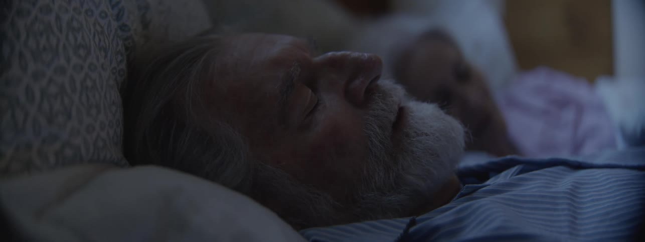 Graybearded man sleeps deeply beside his partner