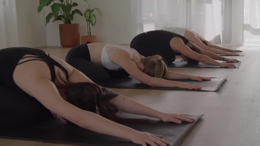 Yoga practitioners in a yoga class all take the same pose