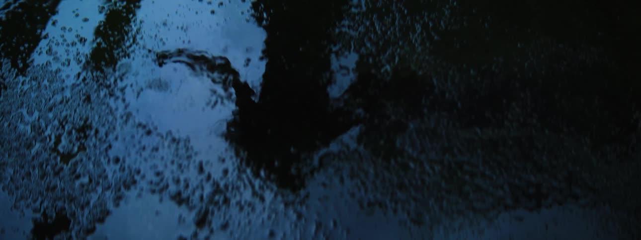 The reflection of a dancing woman is in a puddle of rainwater