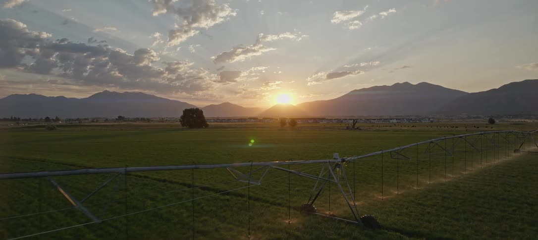 A large industrial irrigation system on a big crop field