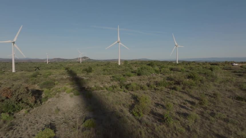 Multiple wind turbines standing tall on rolling green hills under a clear blue sky