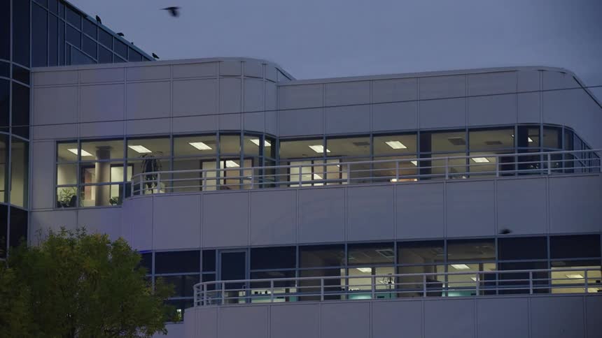Modern office building at dusk with lit windows revealing workspaces and sleek curved design with crows flying around in the foreground