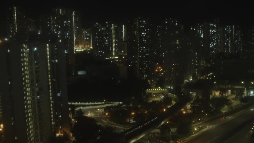 Aerial of a metropolitan city skyline at night