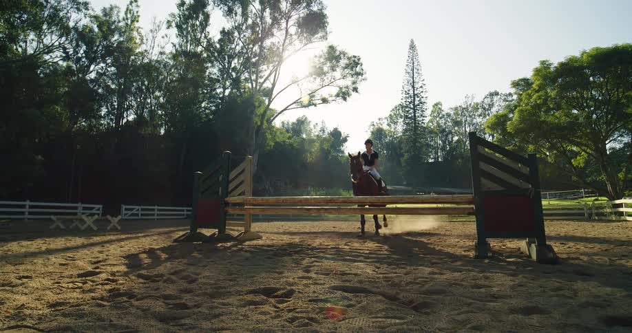 Horseback rider jumps a hurdle in a sunlit outdoor ring
