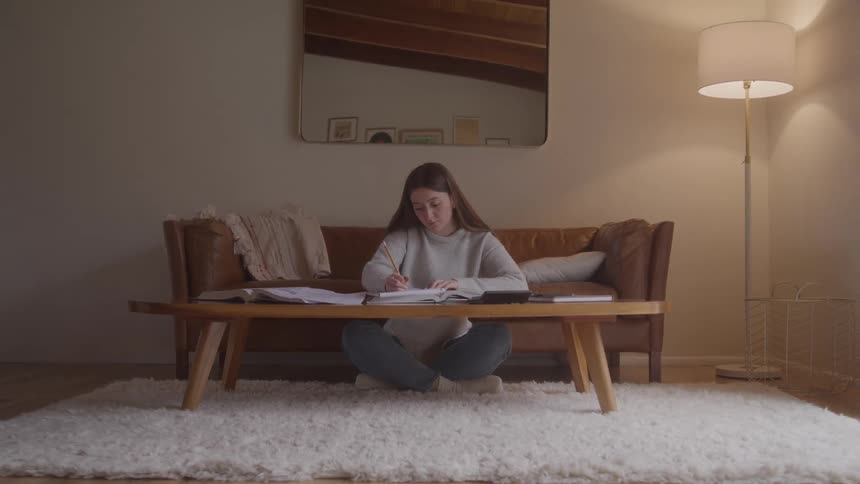 The girl sits on the floor doing homework