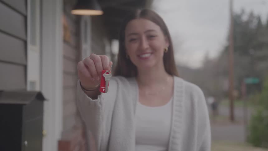 The woman smiles and holds up the keys to her home