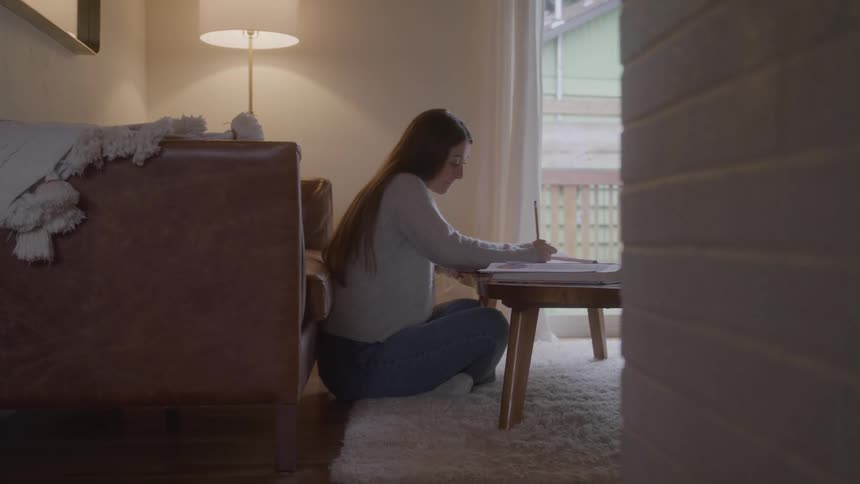 The woman is sitting on the rug writing and studying