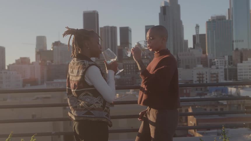 Women toast with wine glasses at sunset on a rooftop with city view