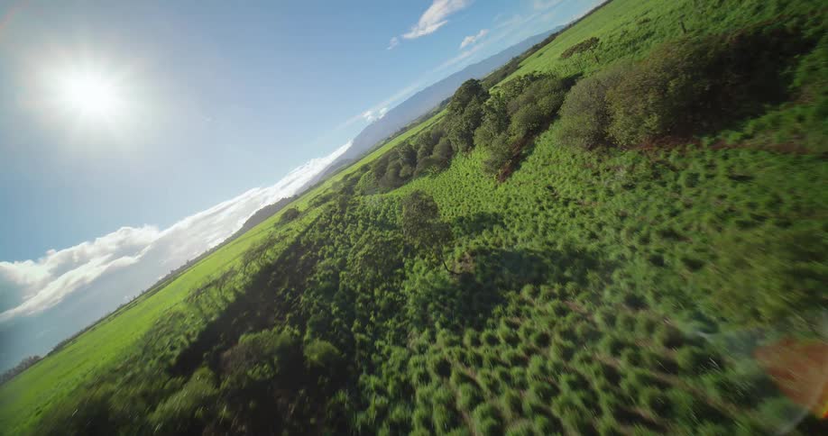 Flying over a large field