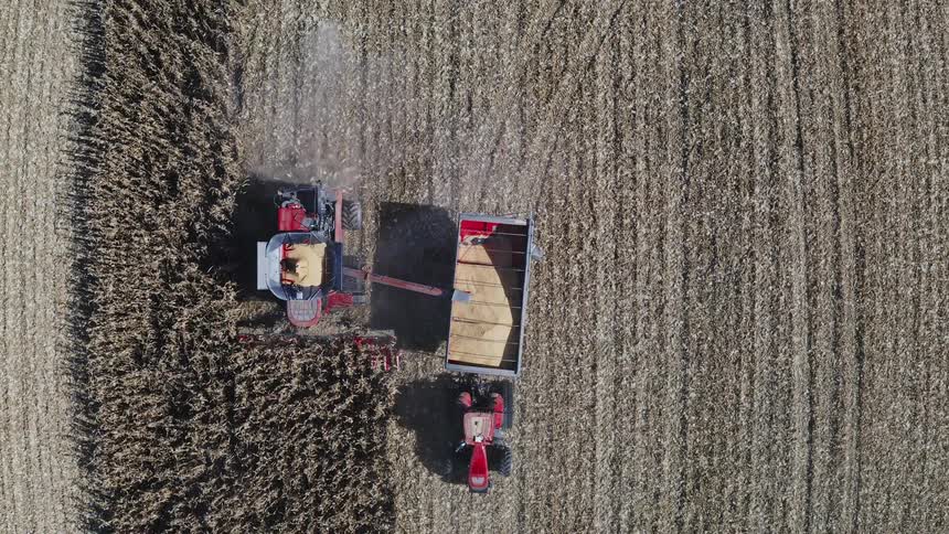Red combine harvester transfers harvest to tractor with cart in cultivated field seen from above