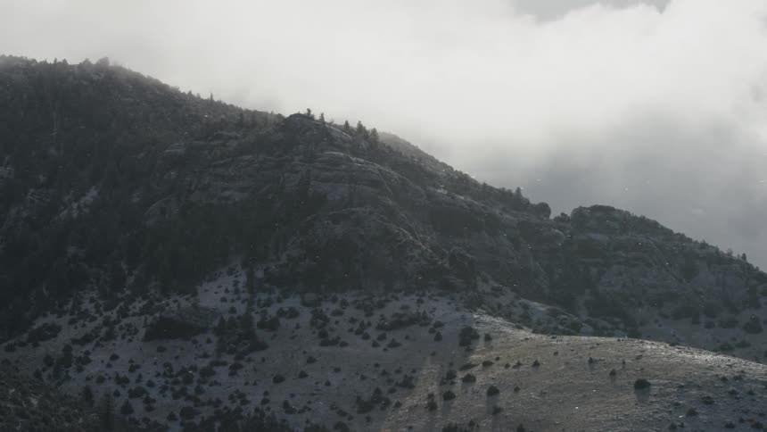 Rocky hillside with sparse vegetation emerges beneath dense clouds and diffused light