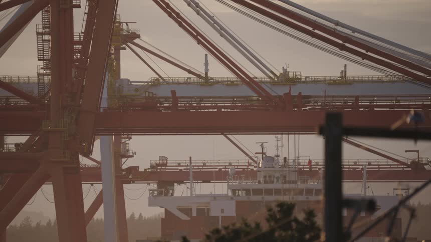 A static telephoto shot captures massive gantry cranes operating at a busy shipping port with a large cargo ship docked