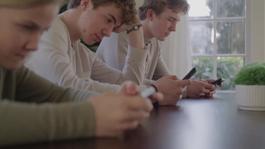 Three friends focus on their phones while sitting at a table indoors