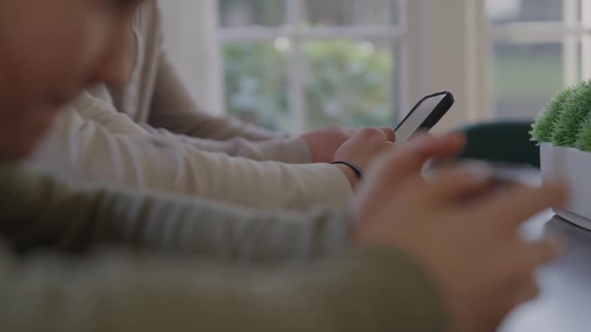 Three people using smartphones sitting in a table on a indoor setting with a potted plant on the table