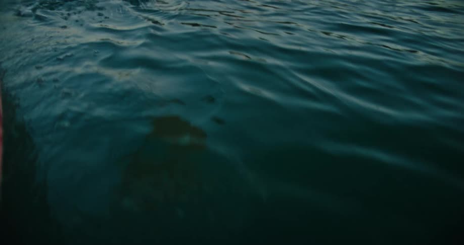 A paddle with a yellow blade is repetitively pushed into and pulled out of the bluegreen water surface