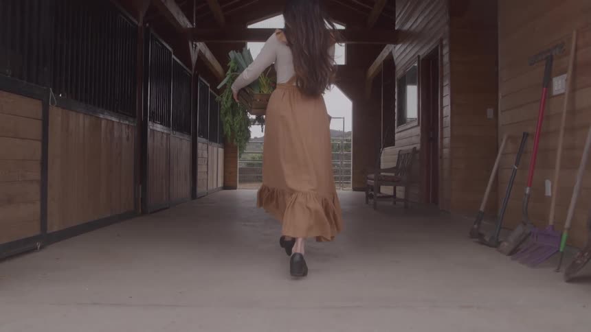 View from behind of a woman with long hair wearing a long skirt and carrying a basket with foliage walking along the concrete floor down the central aisle of a barn with stalls on one side and tools on the other
