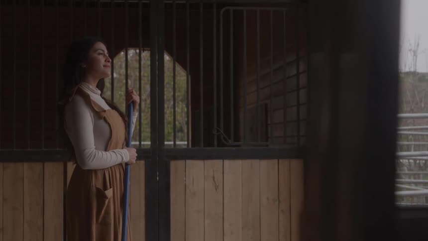 Woman holds a handle and smiles serenely while looking outside the stable
