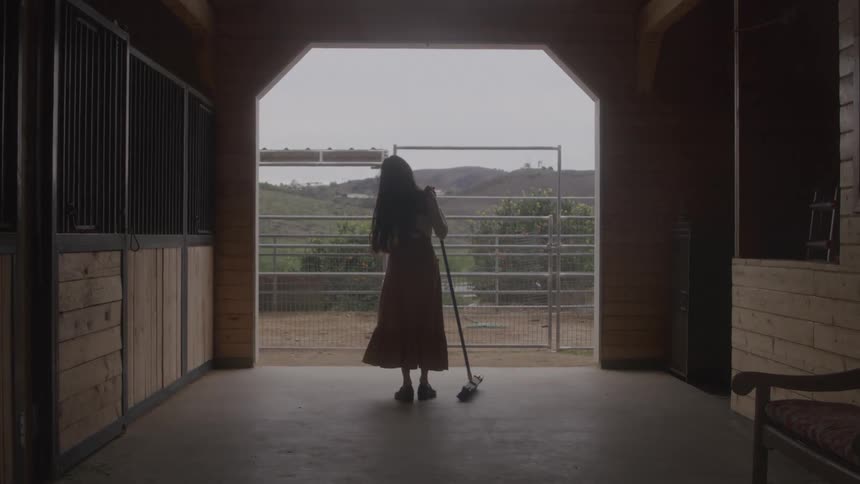 The woman is sweeping the stable