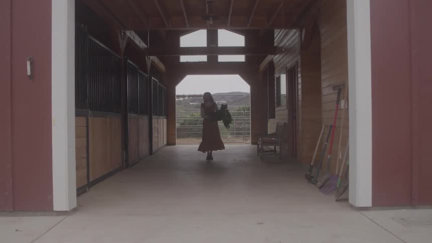 A woman carrying a bundle of long material walking from the sunlit far end of a barn aisle with horse stalls and tools on either side toward the camera