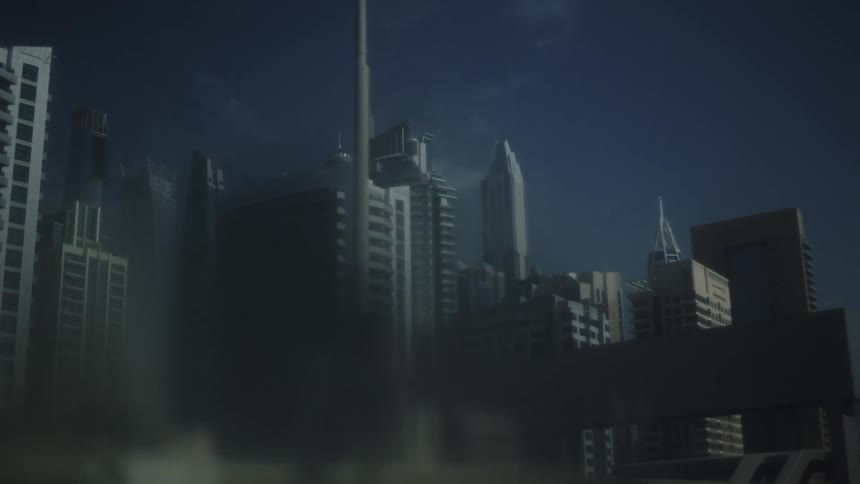 Horizontal view that slowly pans from left to right across a dense collection of tall modern structures partially obscured by foreground haze and a low dark structure set beneath a deep blue sky