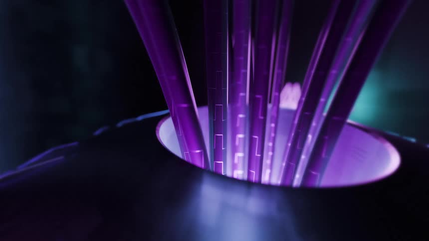 Translucent purple rods emerging from a circular illuminated structure in a dark environment