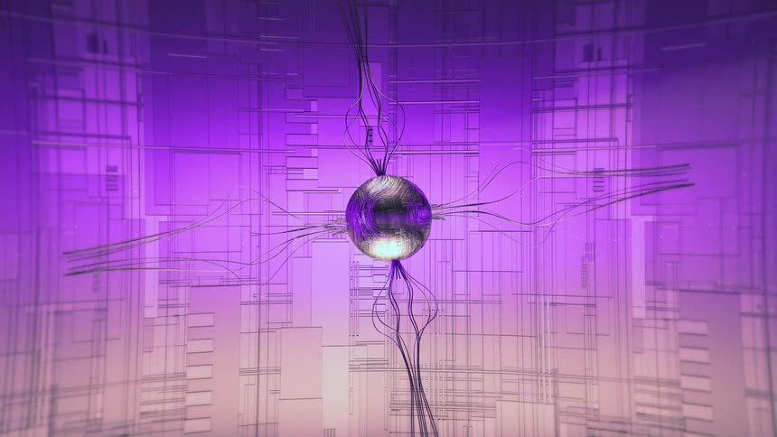 Central sphere with connected wires radiating in multiple directions over a geometric purpletoned background