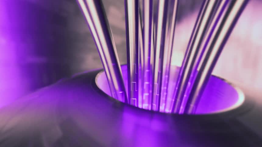 A highspeed cgi animation moves through a futuristic metallic tunnel or wire rendered in muted purple and pink tones the camera swiftly passes a cluster of shiny chrome rods or energy beams that spring out of the surface suggesting hyper