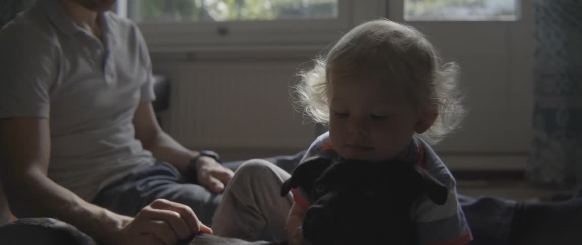 Young toddler boy showing affection to a domestic dog while sitting with parent.