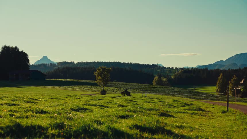 A wide pastoral landscape shows a person sitting alone on a bench next to a tree in a sunny field with mountains and forests in the distance
