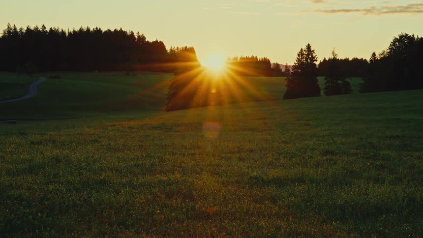 The sun is rising on the green hills