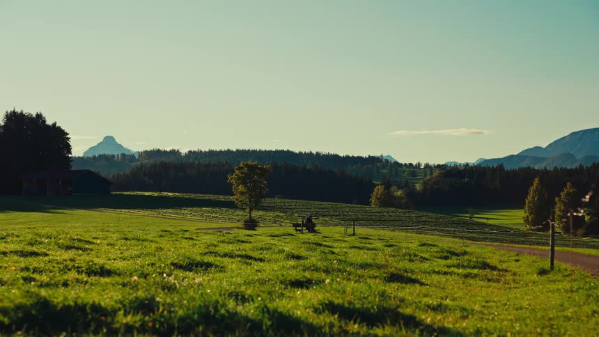 A bright wideangle shot captures a sundrenched green meadow that stretches toward a forest line in the middle ground with distant mountains visible on the horizon in the far distance a person can be seen briefly tending to a small
