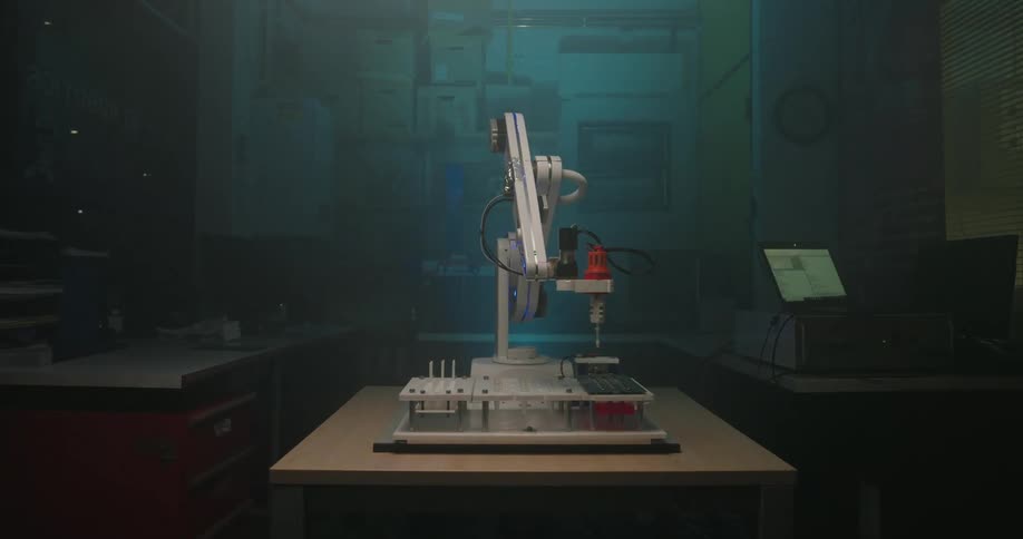 A small white and gray robotic arm performs a delicate task on a table in a dark atmospheric and futuristic lab setting