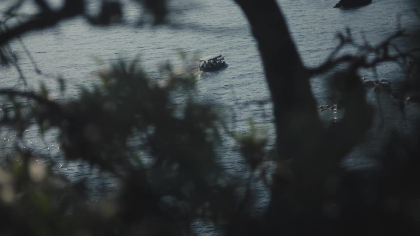 Boat sailing on the sea seen through tree branches