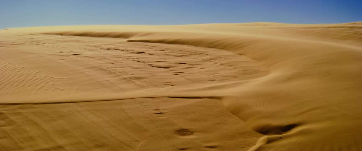 Windshaped sand dunes under a clear blue sky