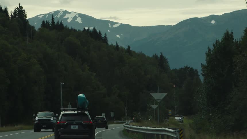Cars on a road surrounded by forest with snowcapped mountains in the background