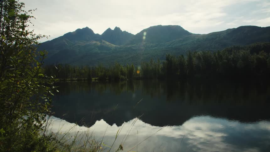 Peaceful lake reflecting forest and mountains under partly cloudy sky with foliage on the left framing the scene