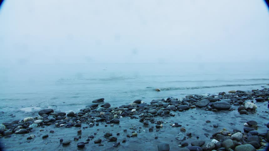 Waves crash against a rocky shore under a foggy sky