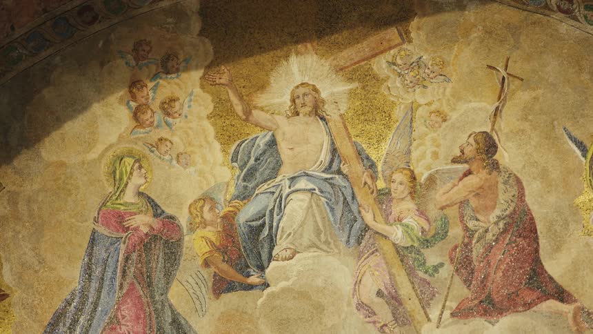 Close up of a religious christian painting on a brown background