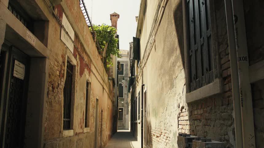 A narrow sunlit oldcity alley with weathered stucco walls dark shutters and ivy around a chimney stretches into the distance