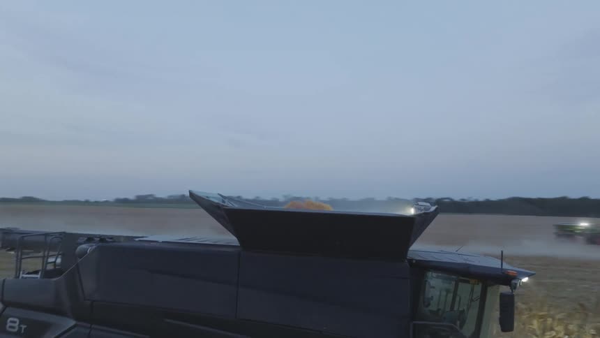 The video shows a modern large combine harvester actively working in a field of tall dry corn or grain under a dusky or overcast sky the machines large header cuts the crop rows as its bright headlights illuminate the work area