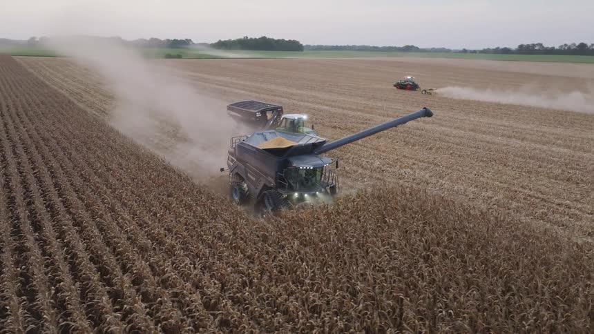 In a vast dusty field at dusk a combine harvester works in tandem with a tractor and grain cart to harvest the crop