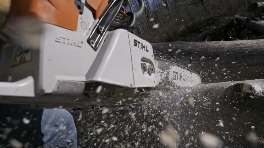 Close up of a person cutting a fallen tree log with a chainsaw in a woodland during daytime