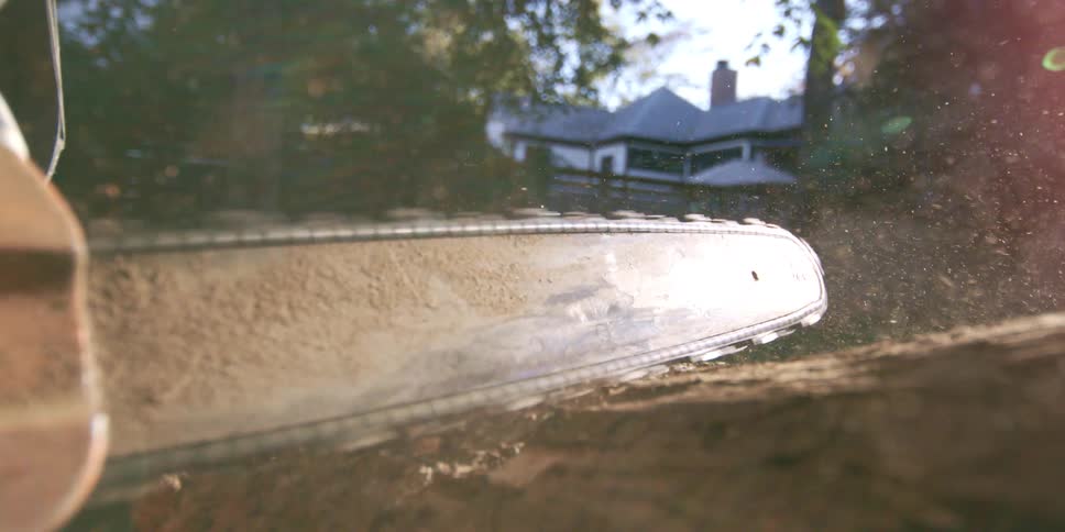 A close sunlit view of a chainsaw bar biting into a log sends fine wood dust drifting past a softly blurred suburban house