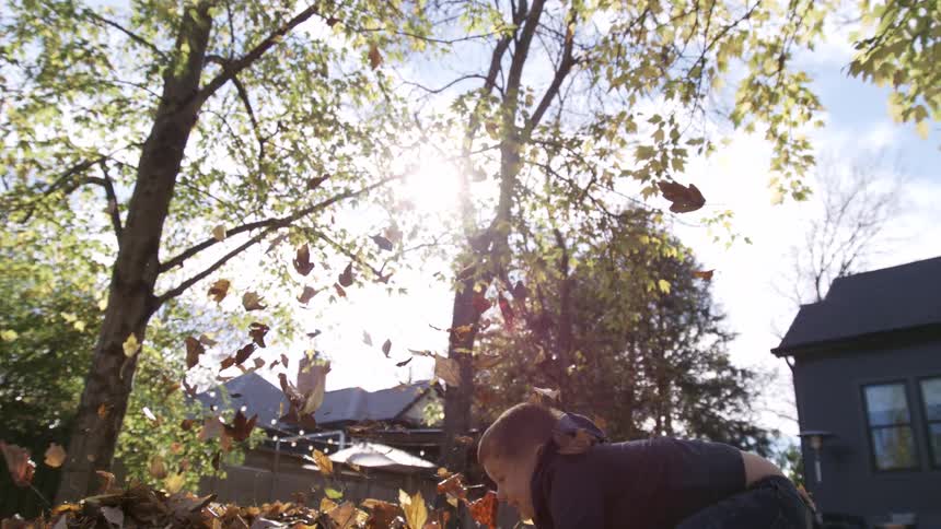 A young boy plays joyfully in the backyard standing atop a pile of fallen leaves with a burst of excitement he grabs a handful and tosses them into the air watching them flutter around him under the sunny sky