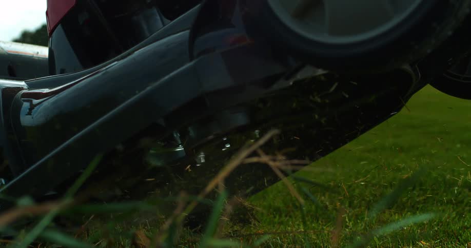 Honda lawn mower seen from below while cutting the grass